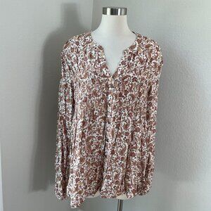 Knox Rose Womens Plus XXL Boho Paisley Long Sleeve Smocked Blouse Shirt Top